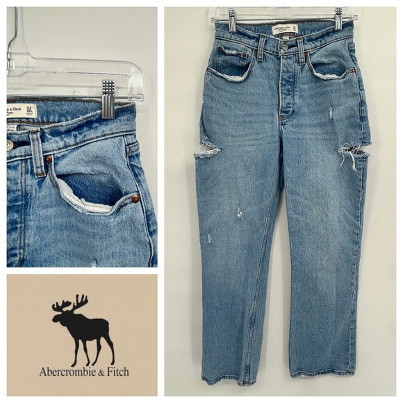 Abercrombie & Fitch 90s Baggy Low Rise Curve Jeans Size 24 Light Wash Rips - Picture 1 of 10